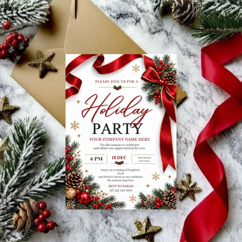 May include: A white holiday party invitation card featuring red ribbons, pine branches, pinecones, and red berries. The text reads: Please join us for a Holiday Party, Your Company Name Here, 6 PM, 18 Dec, The Grand Oak Hall, and RSVP to Sarah.