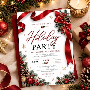 May include: A white holiday party invitation card featuring red ribbons, pine branches, pinecones, and red berries. The text reads: Please join us for a Holiday Party, Your Company Name Here, 18 Dec, 6 PM, The Grand Oak Hall, and RSVP to Sarah.