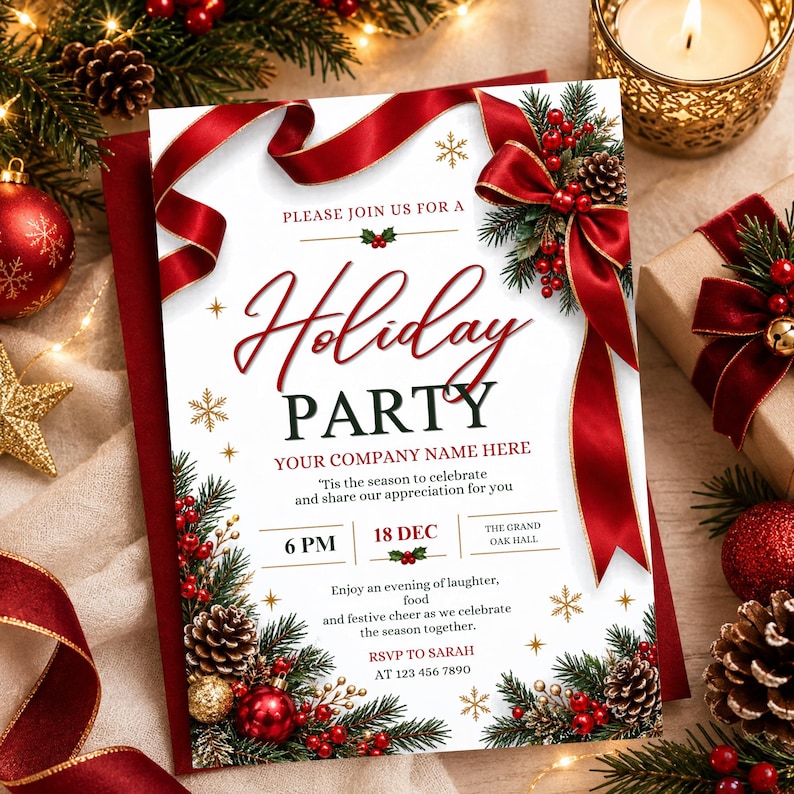 May include: A white holiday party invitation card featuring red ribbons, pine branches, pinecones, and red berries. The text reads: Please join us for a Holiday Party, Your Company Name Here, 18 Dec, 6 PM, The Grand Oak Hall, and RSVP to Sarah.