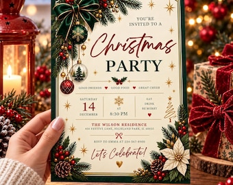 May include: A rectangular Christmas party invitation card featuring a cream background with a dark green border. The design includes illustrations of pine branches, red berries, pinecones, a white poinsettia, and hanging ornaments with a green bow.