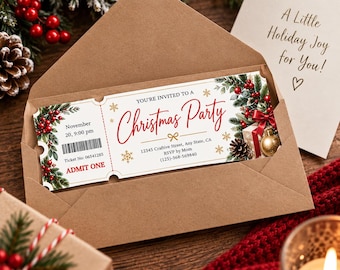 Christmas Ticket Template Editable Canva, Printable Holiday Gift Voucher, Xmas Event Ticket, Instant Download