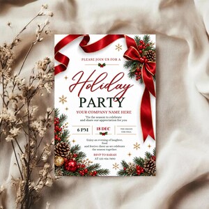 May include: A white holiday party invitation card featuring a red ribbon bow, pine branches, pinecones, and red berries. The text reads: PLEASE JOIN US FOR A Holiday PARTY, YOUR COMPANY NAME HERE, 6 PM, 18 DEC, THE GRAND OAK HALL, and RSVP TO SARAH.