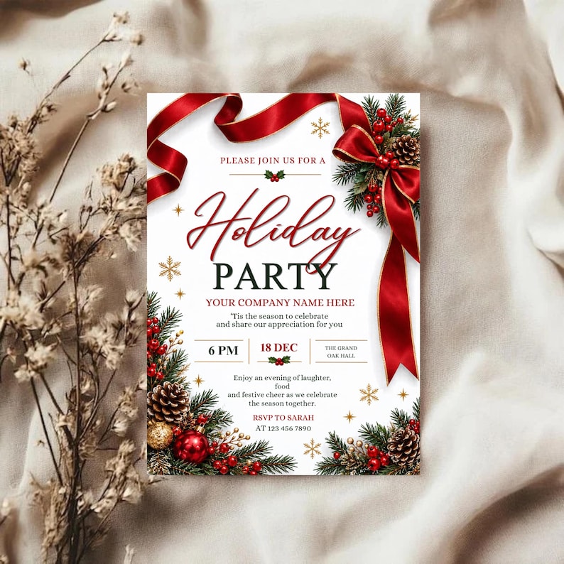 May include: A white holiday party invitation card featuring a red ribbon bow, pine branches, pinecones, and red berries. The text reads: PLEASE JOIN US FOR A Holiday PARTY, YOUR COMPANY NAME HERE, 6 PM, 18 DEC, THE GRAND OAK HALL, and RSVP TO SARAH.