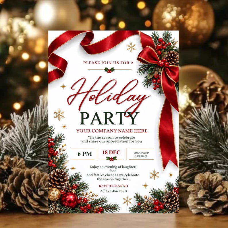 May include: A holiday party invitation card featuring a white background with a large red ribbon, pine branches, pinecones, and red berries. The text reads: Please join us for a Holiday Party, Your Company Name Here, 6 PM, 18 Dec, The Grand Oak Hall.