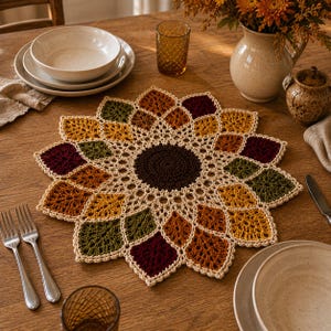 May include: A round crochet placemat featuring a dark brown center surrounded by a floral-inspired pattern of leaf-shaped motifs in shades of burgundy, olive green, mustard yellow, and burnt orange, all bordered by a cream-colored yarn edge.