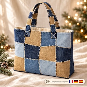 Patchwork Denim Tote Bag Sewing Pattern PDF, Upcycled Jeans & Burlap Look, Lined Bag with Pocket, A4 US Letter, Instant Download, Digital