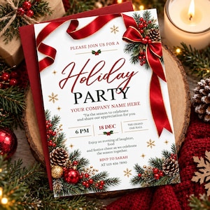 May include: A white holiday party invitation card featuring a red ribbon, pine branches, pinecones, and red berries. The text reads: PLEASE JOIN US FOR A Holiday PARTY, YOUR COMPANY NAME HERE, 6 PM, 18 DEC, THE GRAND OAK HALL, and RSVP TO SARAH AT 123 456 7890.