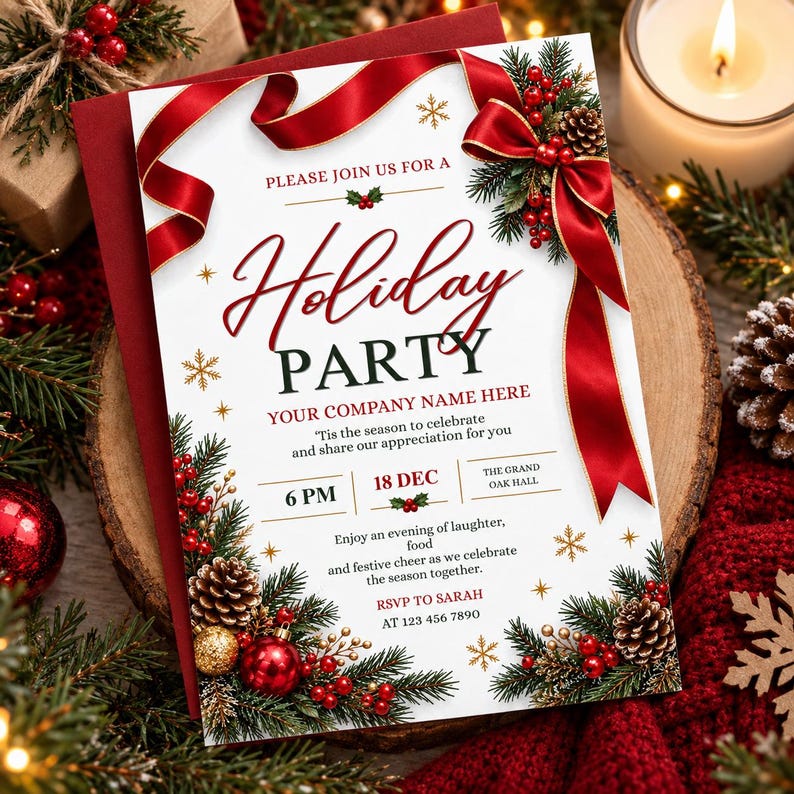 May include: A white holiday party invitation card featuring a red ribbon, pine branches, pinecones, and red berries. The text reads: PLEASE JOIN US FOR A Holiday PARTY, YOUR COMPANY NAME HERE, 6 PM, 18 DEC, THE GRAND OAK HALL, and RSVP TO SARAH AT 123 456 7890.