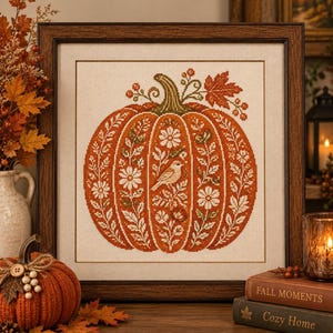 Può includere: Un ricamo a punto croce incorniciato raffigurante una grande zucca arancione decorata con motivi floreali bianchi e un piccolo uccellino. La zucca ha un picciolo verde e un dettaglio a forma di foglia d'acero. L'opera è in una cornice in legno.