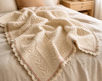 May include: A cream-colored crocheted blanket featuring a textured stitch pattern with a central leaf-like design. The edges are finished with a scalloped border in cream, accented by thin lines of soft pink and sage green yarn throughout the trim.