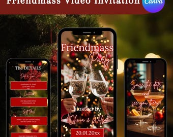 May include: A digital Friendmass video invitation template displayed on three smartphones. The screens feature festive holiday imagery, including champagne glasses, Christmas tree lights, and text details for a party hosted by Olivia and Wilson.