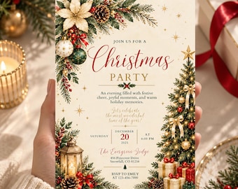 May include: A rectangular Christmas party invitation card featuring a cream background with a border of pine branches, poinsettias, pinecones, and ornaments. The text reads: Join us for a Christmas party, December 20, 2025, at 6:00 PM.