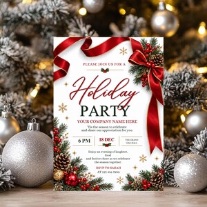 May include: A white holiday party invitation card featuring a large red satin ribbon, pine branches, pinecones, and red berries. The text reads: Please join us for a Holiday Party, Your Company Name Here, 18 Dec, 6 PM, The Grand Oak Hall, and RSVP to Sarah at 123 456 7890.