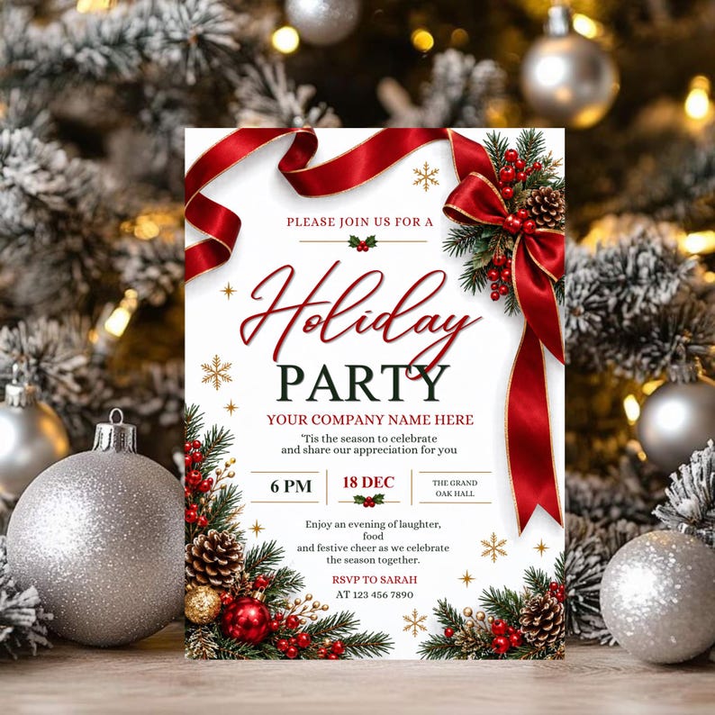 May include: A white holiday party invitation card featuring a large red satin ribbon, pine branches, pinecones, and red berries. The text reads: Please join us for a Holiday Party, Your Company Name Here, 18 Dec, 6 PM, The Grand Oak Hall, and RSVP to Sarah at 123 456 7890.