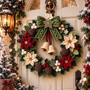 Op de afbeelding: Een ronde kerstkrans gemaakt van gehaakte groene bladeren, voorzien van rode en crèmekleurige kerststerren met houten knopen in het midden, bruine dennenappels, witte bessen, een grote groene gehaakte strik en twee hangende crèmekleurige klokjes.