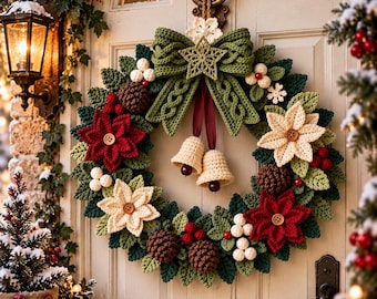 May include: A round Christmas wreath made of crocheted green leaves, featuring red and cream poinsettia flowers with wooden buttons at their centers, brown pinecones, white berries, a large green crocheted bow, and two hanging cream bells.