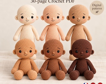 Op de afbeelding: Zes gehaakte poppen met verschillende huidtinten, gerangschikt in twee rijen. De tekst luidt: Six Skin Tone Doll Bases, 30-page Crochet PDF, Digital pattern, One pattern, Six color versions, MeadowLoopStudioUS, Languages on request.