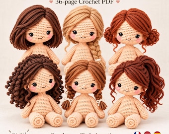 Op de afbeelding: Zes gehaakte poppen met beige garen lichamen en roze wangen, elk met verschillende kapsels zoals bobs, vlechten en paardenstaarten. De tekst luidt Six Hairstyle Dolls, 36-page Crochet PDF, One base, Six hair options en MeadowLoopStudioUS.