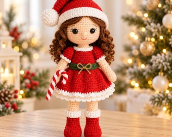 Op de afbeelding: Een gehaakte pop met bruin krullend haar, gekleed in een rood-witte kerstmuts, een rode jurk met een groene tailleband en gouden strik, en rode laarzen. De pop houdt een rood-wit gestreepte zuurstok vast in één hand.
