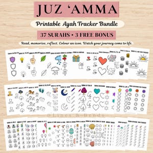 May include: A printable Juz 'Amma Ayah tracker bundle featuring 37 Surahs and 3 free bonuses. The sheets contain rows of icons such as shields, lightbulbs, hearts, elephants, and stars for coloring. Text includes 'JUZ 'AMMA', 'Printable Ayah Tracker Bundle'.