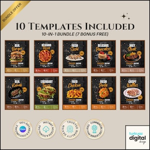 May include: A digital bundle of 10 food menu templates featuring images of a burger, pizza, sushi, pancakes, steak, kebab, tacos, fried chicken, pasta, and waffles. Each template includes text, pricing, and order buttons on a dark background.