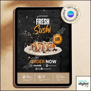 Peut inclure: Une tablette numérique affichant un dépliant promotionnel pour des sushis frais japonais. Le fond noir présente le texte "JAPANESE FRESH SUSHI", "ORDER NOW" et un prix de "$10". Une assiette de sushis est centrée avec des icônes de contact.