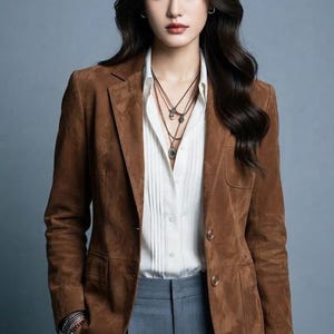 May include: A brown suede blazer with a notched lapel and two front buttons, worn over a white button-down shirt with vertical pleats and grey trousers. The outfit is accessorized with layered necklaces and a stack of bracelets on the wrist.