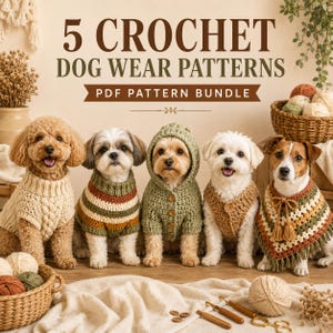 Op de afbeelding: Een digitale afbeelding met de titel 5 CROCHET DOG WEAR PATTERNS PDF PATTERN BUNDLE met vijf honden die verschillende gehaakte truien en poncho's dragen, waaronder een kabeltrui, gestreepte trui, vest met capuchon, gilet en een poncho met franjes.