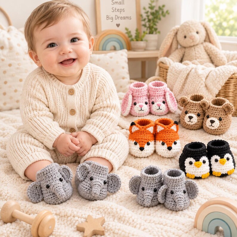 Small Crochet Rabbit 5-in-1 Crochet Baby Booties Pattern | Bunny, Bear, Fox, Penguin ...