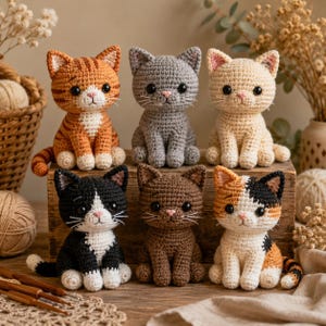 May include: Six handmade crochet cat figurines in various colors including orange tabby, gray, cream, black and white, solid brown, and calico. Each cat features black plastic eyes, a small pink nose, and white stitched whiskers, sitting upright.