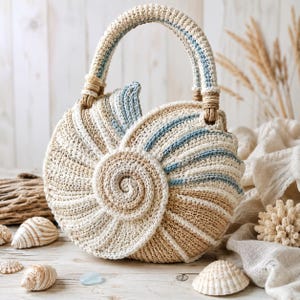 May include: A round crochet handbag shaped like a nautilus shell, featuring a spiral design in cream, tan, and light blue yarn. The bag includes a single arched handle attached with wrapped cord details, showcasing a textured, shell-like pattern.