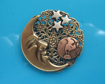 Moon Brooch- Moon Pin- Man in the Moon- Celestial Pin- Sun Moon Star- Moon Jewelry