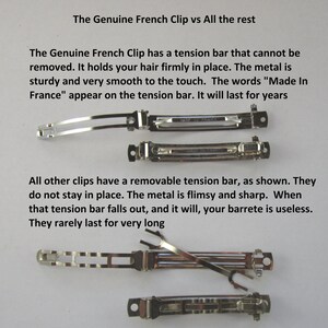 May include: Comparison of two types of hair clips. The top two clips have a fixed tension bar, while the bottom two clips have a removable tension bar. The top two clips are labeled "Made in France".