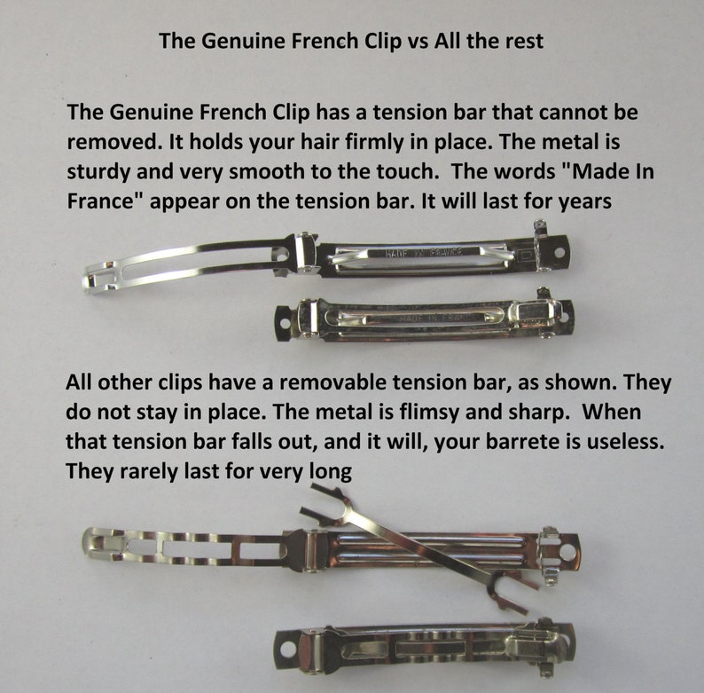 May include: Comparison of two types of hair clips. The top two clips have a fixed tension bar, while the bottom two clips have a removable tension bar. The top two clips are labeled "Made in France".