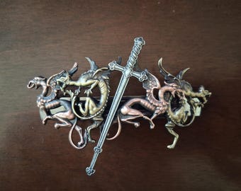 NEW!  DRAGON and SWORD 80mm Barrette - Fantasy Barrette - Mythical Creature Barrette