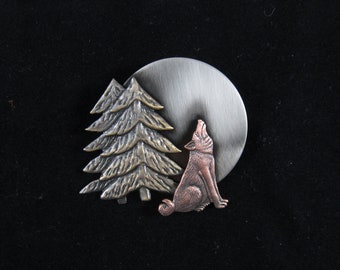 Wolf By the Moon Brooch- Twilight Wolf- Wolf Jewelry- mixed metal jewelry