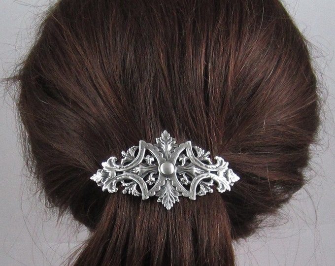 Vintage Victorian French Barrette 80MM- Thick Hair Barrette- Hair Accessories- Hair clip- Silver Barrette- Filigree Barrette