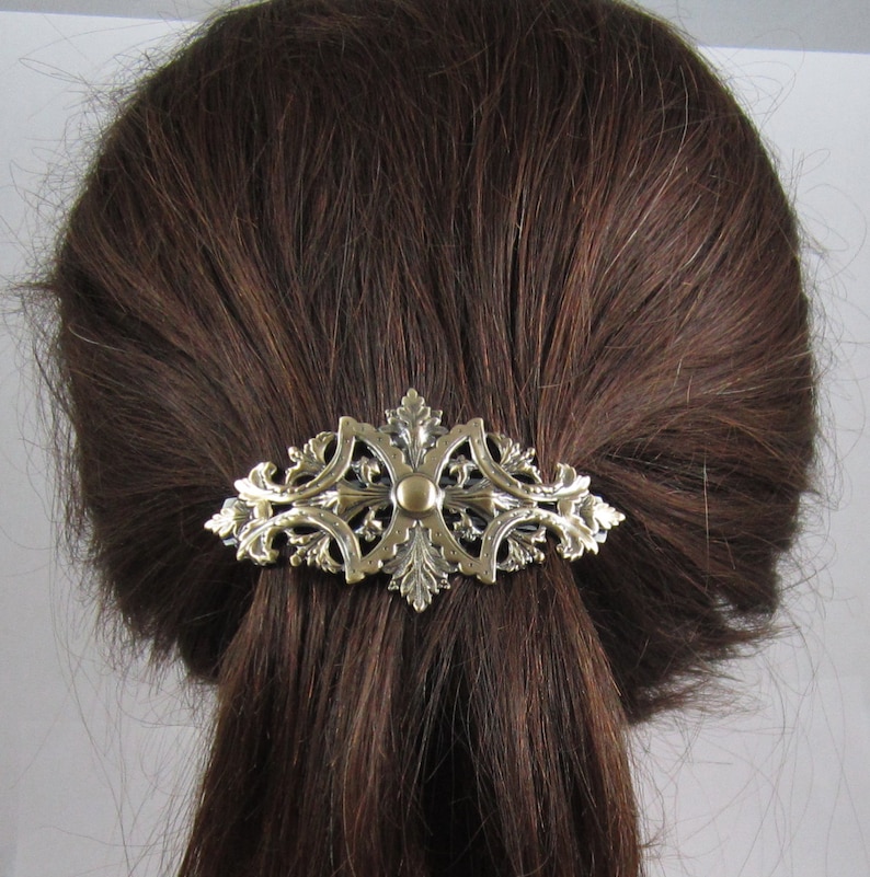 Barrette à Cheveux Argentée Ancien Avec Feuille Filigrane Et Cristal Irisé - 3,5 Pouces