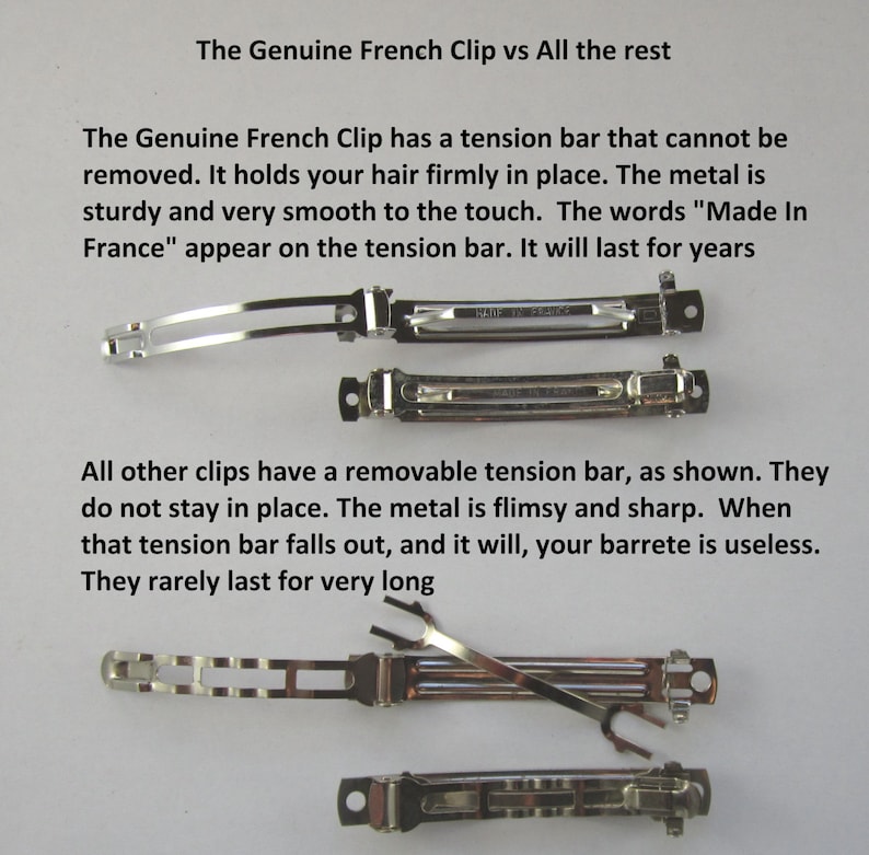 Puede incluir: Comparaci&oacute;n de dos tipos de pinzas para el cabello. Las dos pinzas superiores tienen una barra de tensi&oacute;n fija, mientras que las dos pinzas inferiores tienen una barra de tensi&oacute;n extra&iacute;ble. Las dos pinzas superiores est&aacute;n etiquetadas como "Made in France".