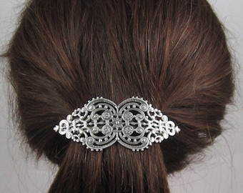 Victorian Filigree French Barrette 80mm- Thick Hair Barrette-Large Barrette- Hair Accessories- Hair Clip- Silver Barrette- Filigree Barrette