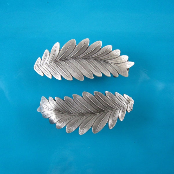 LEAVES FRENCH BARRETTE Set of Two 50mm- Barrettes for Thin Hair-  Hair Accessories- Hair Clips- Silver Barrettes- Small Barrettes