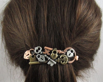 Steampunk Locks and Keys French Barrette 80mm- Thick Hair Barrette-  Hair Accessories- Hair Clips- Steampunk- Lock and Key Jewelry