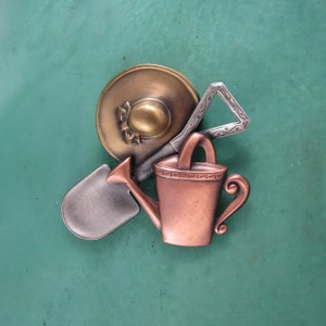 Gardeners Tools Brooch- Gifts for Gardeners- Garden Jewelry- Garden Shovel- Garden Pail- Gardeners Hat- Hat Pins for Women- Pocketbook Pin-