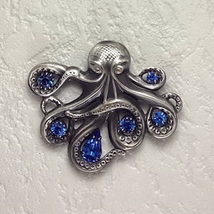 Sapphire Octopus Brooch- Silver Octopus Brooch- Octopus Pin- Octopus Lapel Pin- Octopus Necklace- Hat Pins- Pocketbook Pins for Women