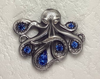 Sapphire Octopus Brooch- Silver Octopus Brooch- Octopus Pin- Octopus Lapel Pin- Octopus Necklace- Hat Pins- Pocketbook Pins for Women