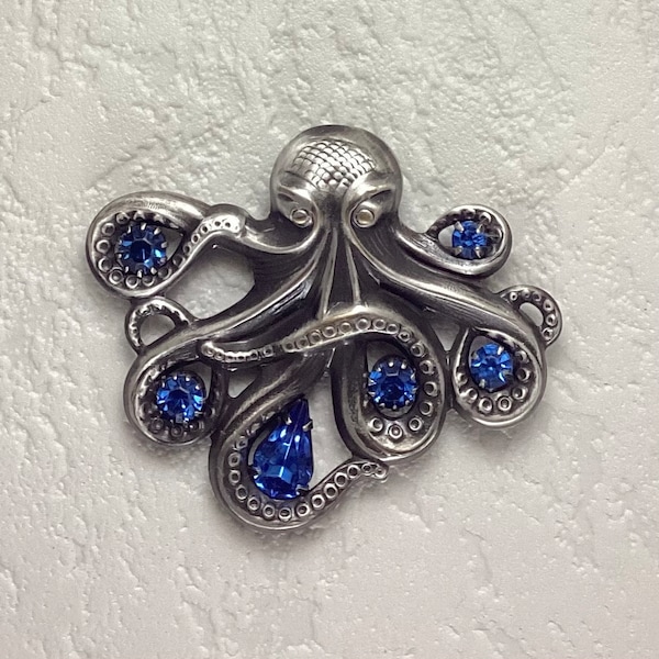 Sapphire Octopus Brooch- Silver Octopus Brooch- Octopus Pin- Octopus Lapel Pin- Octopus Necklace- Hat Pins- Pocketbook Pins for Women