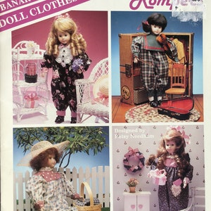May include: A pattern book titled "BANAR DESIGNS DOLL CLOTHES PATTERNS" featuring doll outfits. The cover showcases four dolls in various outfits, including a floral jumpsuit, plaid romper, and a dress with a sun hat. The price tag reads $4.00.