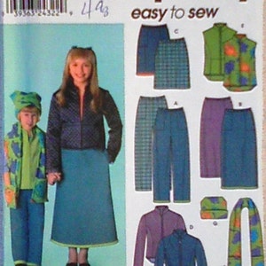 May include: Simplicity sewing pattern featuring children's clothing designs. The pattern includes options for jackets, skirts, pants, vests, hats, and scarves. The image shows a girl and a boy wearing some of the clothing items. The pattern number is 9419.