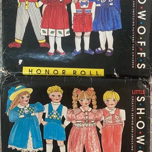May include: Two sets of sewing patterns for children's clothing. The first set is titled "Little Show Offs" and features four children wearing different outfits. The second set is titled "Honor Roll" and features four children wearing different outfits. The patterns are for creative sewing and smocking.