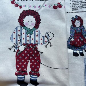 May include: Fabric panel featuring a whimsical Calico Annie Country Doll design. The doll is depicted in a red and white patterned outfit with a green scarf and a yarn hairstyle. The panel includes instructions and a smaller doll image.